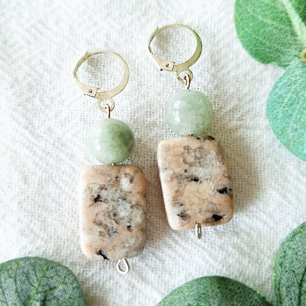 Minimalist Jasper Earrings, Boho Geometric Gemstone Dangles, Soft Green Jade